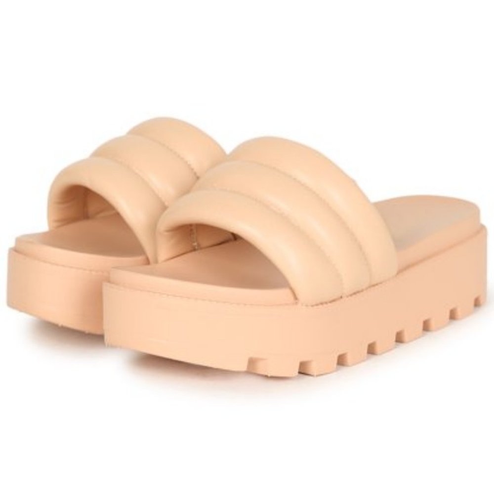 Kayleen Puffy Platform Lugged Sole Vegan Leather Slide Sandals